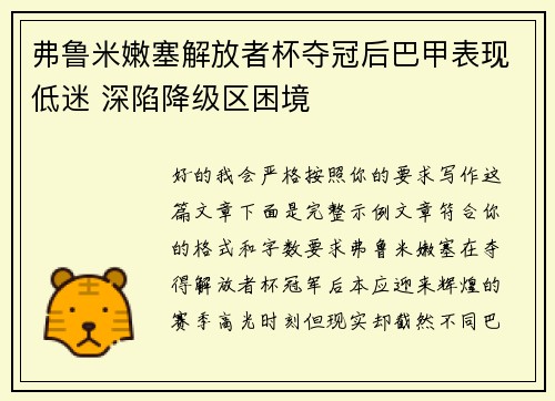 弗鲁米嫩塞解放者杯夺冠后巴甲表现低迷 深陷降级区困境 弗鲁米嫩塞解放者杯夺冠后巴甲表现低迷 深陷降级区困境