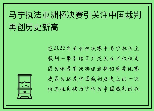 马宁执法亚洲杯决赛引关注中国裁判再创历史新高