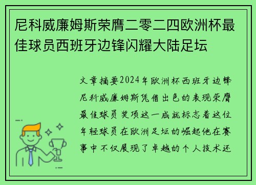 尼科威廉姆斯荣膺二零二四欧洲杯最佳球员西班牙边锋闪耀大陆足坛 尼科威廉姆斯荣膺二零二四欧洲杯最佳球员西班牙边锋闪耀大陆足坛